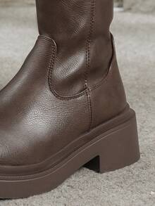 女士时尚靴子，可搭配连衣裙，厚跟厚底西部靴，荷叶边靴，复古机车靴，修身时尚骑马靴，棕色高筒靴 - 卡其色 - 查看 7