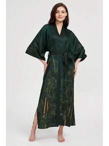 Women's Long Satin Silky Kimono Robe - Japanese Bathrobe Nightgown Loungewear Blouse - 李子色 - 漸層藍 - 查看 9