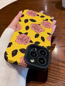 1件装 时尚创意PU皮革全屏粉色玫瑰叶子拼接图案手机壳 兼容三星/兼容 11、12 Pro Max、14 Pro Max、15、16/16 Pro、17/17 Pro及其他型号 - 彩色 - 查看 2
