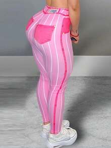热销女士条纹印花健身瑜伽紧身裤运动健身瑜伽裤性感高腰运动瑜伽裤粉色春季 - 粉色 - 查看 2