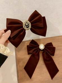 2个特大号棕色蝴蝶结发夹，女士蝴蝶结发饰，长尾蝴蝶结发夹，发饰礼品，圣诞装饰，爪夹，头部饰品，发卡 - 深咖色 - 查看 4