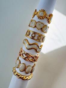 7件套复古优雅时尚奢华设计太阳、心形、几何形状白色珍珠金色戒指套装，适合日常、通勤、度假装扮，女士珠宝 - 彩色 - 查看 3