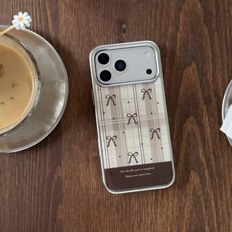 Grid Minimalist Fashion Brown Plaid Bow 17 ProMax 16 ProMax 15 14 13 Phone Case, Cute/Stylish Phone Case, Women Phone Protective Cover