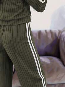 Bộ áo khoác cardigan có khóa kéo và quần ống đứng cho nữ - Trang phục hai mảnh thoải mái, vừa vặn, phối đồ mặc nhà thoải mái - xanh quân đội - Xem 7