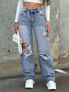 Jeans de mezclilla lavados desgastados de unicolor con bolsillos en ángulo para mujer