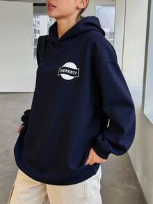 Livesso 秋季新款女士休闲宽松抓绒卫衣，长袖连帽衫，秋季女装 - 藍色 - 查看 4