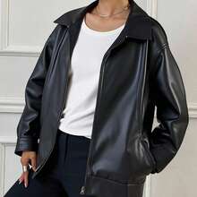 Livesso 翻领拉链宽松休闲男友风摩托车仿皮夹克 - 黑色 - 查看 7