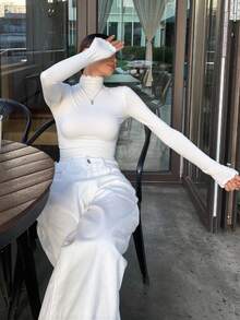 Livesso New Autumn Ladies Solid Color Ruffle Trim Turtleneck Long Sleeve Slim Fit T-Shirt - White - View 6
