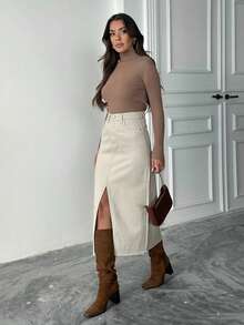 Eleganter, figurbetonter Rock mit hohem Schlitz Einfarbig - Beige - Übersicht 3