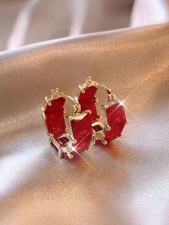 2pcs Red Zirconia Hoop Earrings Women Men Gold Plated Colorful Crystal Stud Earrings Hip Hop Party Birthday Christmas Jewelry Gift For Girlfriend Couple Lovers