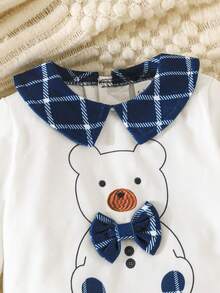 2pcs Newborn Baby Boy Cute Plaid Peter Pan Collar Bear Pattern Top And Plaid Pants Set, Daily Outfit - Blue - View 4