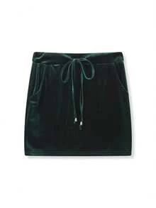 Women Velvet Mini Skirt Solid Color Drawstring Low Waist Slim Fit Skirt - Green - View 4