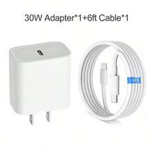 30W快速充电适配器+6英尺高效数据传输充电线，兼容 14 Pro Max/14 Pro/14 Plus/14/13/12/11/XS/XR/iPad系列，墙式充电器套装