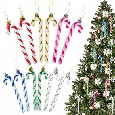 6pcs Plastic Christmas Ornaments, Gold, Silver, Red Shiny Candy Cane Decorations For Christmas Tree, Party, Home And Stocking Stuffers