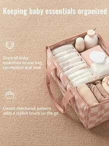 1pc Floral Diaper Caddy Organizer, Stylish Nursery Storage Basket - Gift For Baby Shower, Baby Registry Must Have, Newborn Essentials , Baby Caddy Organizer(Flower Prints In Randomized Positions) - Hồng kẻ ô vuông - Xem 4