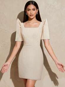 Amyenjoylife - Đầm truyền thống Philippines hiện đại, tay áo cánh bướm thanh lịch, đầm dự tiệc, đầm cổ vuông màu trơn. - Màu vàng - Xem 5