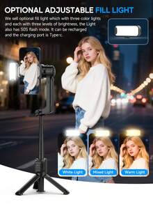 TOKQI Portable Gimbal Stabilizer For Smartphone,360°Automatic Rotation Foldable Phone Holder With Wireless Remote Control,Extendable 3 In 1 Selfie Stick Tripod/Gimbal Stabilizer/Ground Stand With Changable Fill Light For Smartphone,Gopro - Multicolor - View 8