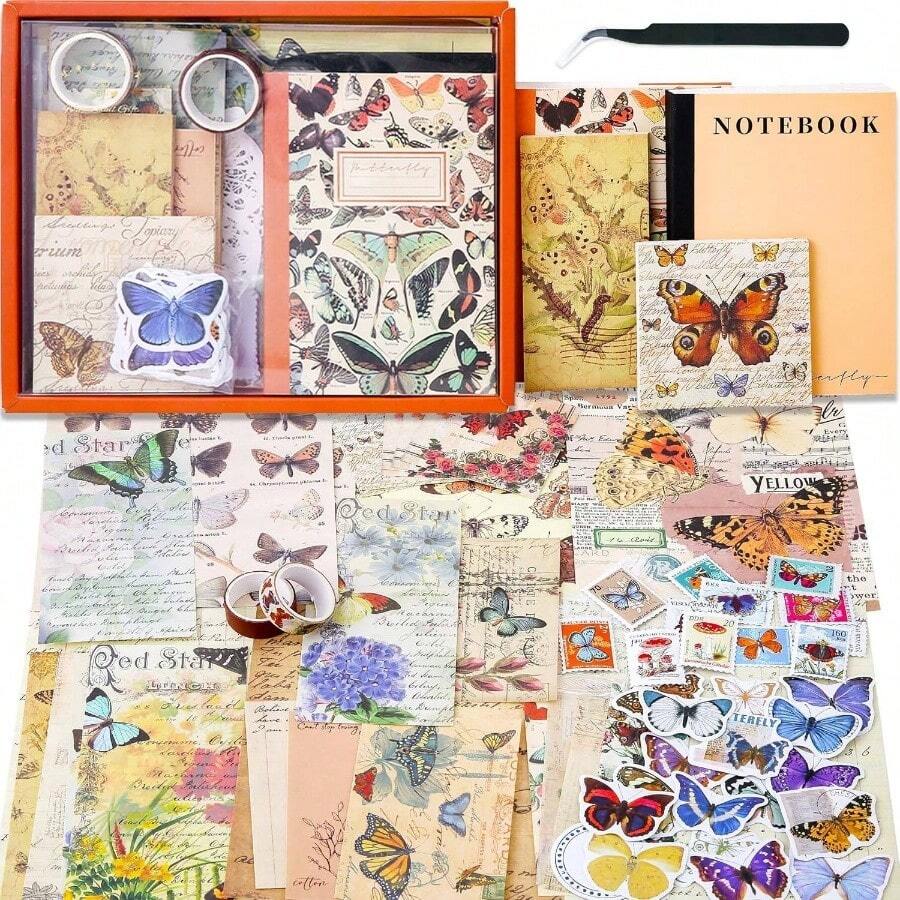 Scrapbooking Supplies Kit, Vintage Botanical Aesthetic Scrapbook Kit Bullet Junk Journal, Stationery, A6 Grid Notebook, Flower Journaling Supplies, Birthday Teen Women - Butterfly - 查看 1