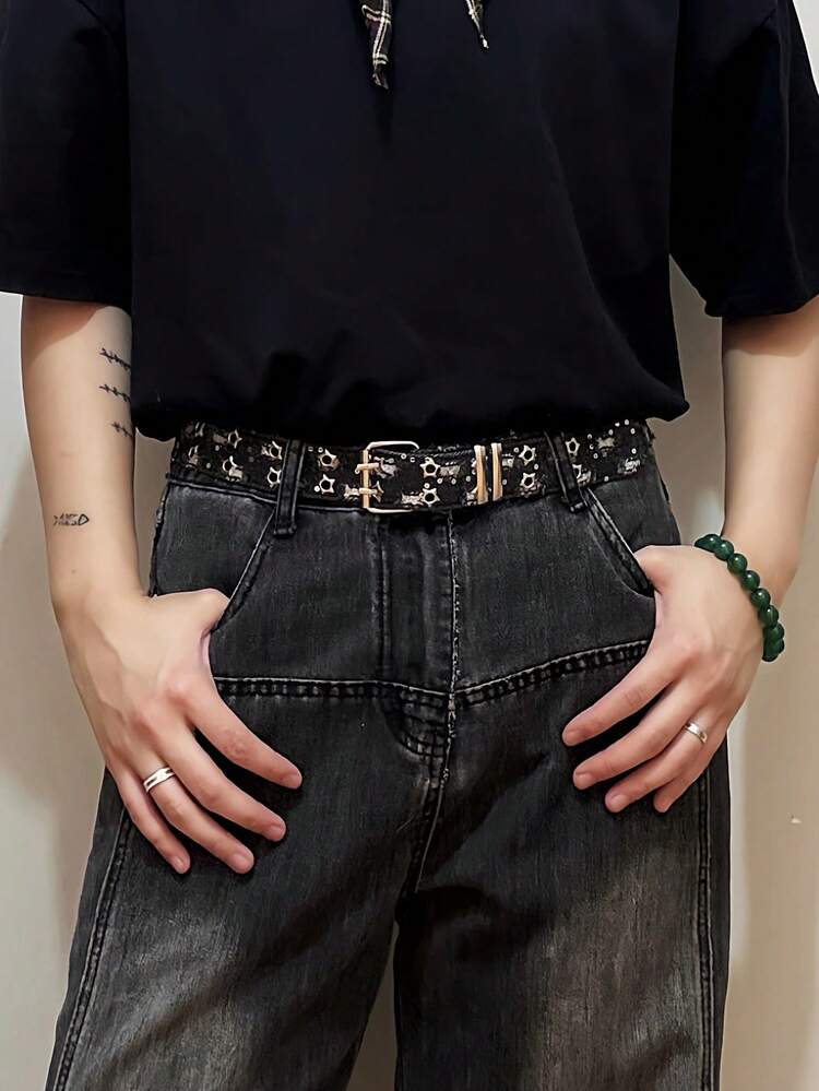 1pc New Fashionable Luxury Belt, Black Punk Accessory, Blue Denim Cinch Waist Belt, Hollow Star Buckle, Unisex - Black - View 7