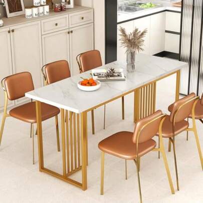 160 CM Rectangular Kitchen Table Dining Table For 6-8 People W/Faux Marble Tabletop Large Dinette Table For Dining Room Living Room Restaurant Gold And White