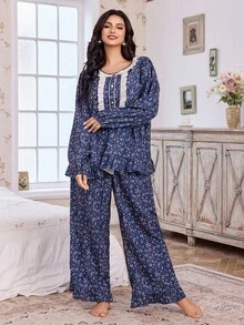 Plus Size Women Ditsy Floral Patchwork Contrast Color Embroidered Lace Trim Long Sleeve Pajama Set - Multicolor - View 10