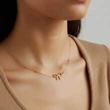 Women's Bow Pendant Necklace With Dainty Beaded Chain Design - Gold - 金色 - 查看 5