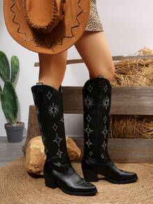 FVPFVP Giày bốt cao bồi cổ điển thêu thời trang cao gót đế dày - màu đen - Xem 6