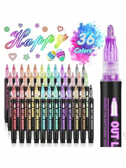 8/12/24/36 Colors Double Line Outline Pens, Self-Outline Metallic Markers Glitter Writing Drawing Pens For Christmas Card Writing, DIY Art Crafts