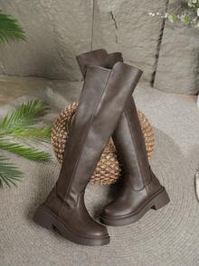 女士时尚靴子，可搭配连衣裙，厚跟厚底西部靴，荷叶边靴，复古机车靴，修身时尚骑马靴，棕色高筒靴 - 卡其色 - 查看 6