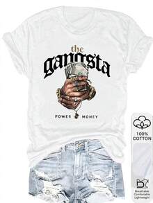 1PC 100% Cotton Gangsta Power Money Graphic Relaxed Fit Casual Style Women's Short Sleeve TShirt - Blanco - Ver 1