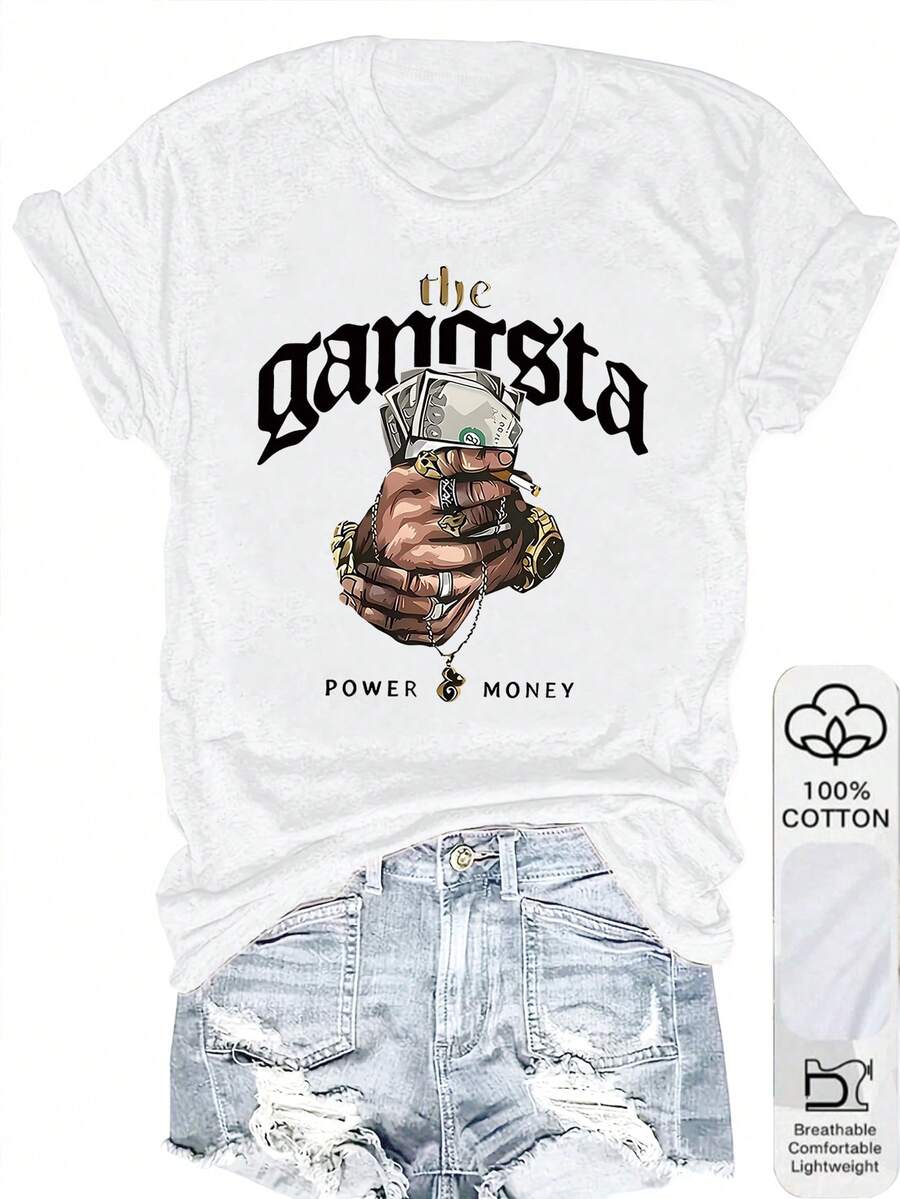 1PC 100% Cotton Gangsta Power Money Graphic Relaxed Fit Casual Style Women's Short Sleeve TShirt - Blanco - Ver 1