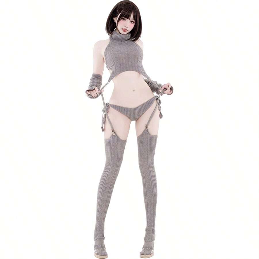 Virgin Killer Sweater, Lolita Knit Top, Dango Girl Cosplay, Sexy Cosplay Outfit, Anime Costume Women, Halloween Party Outfit, Open Back Sweater, Arm Cover Socks Set - Xám - Xem 1