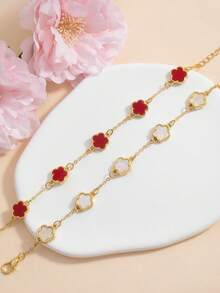 2pcs Fashionable Minimalist Red & White Five-Petal Flower & Clover Charm Bracelet, Versatile Summer Accessory - Red - View 2