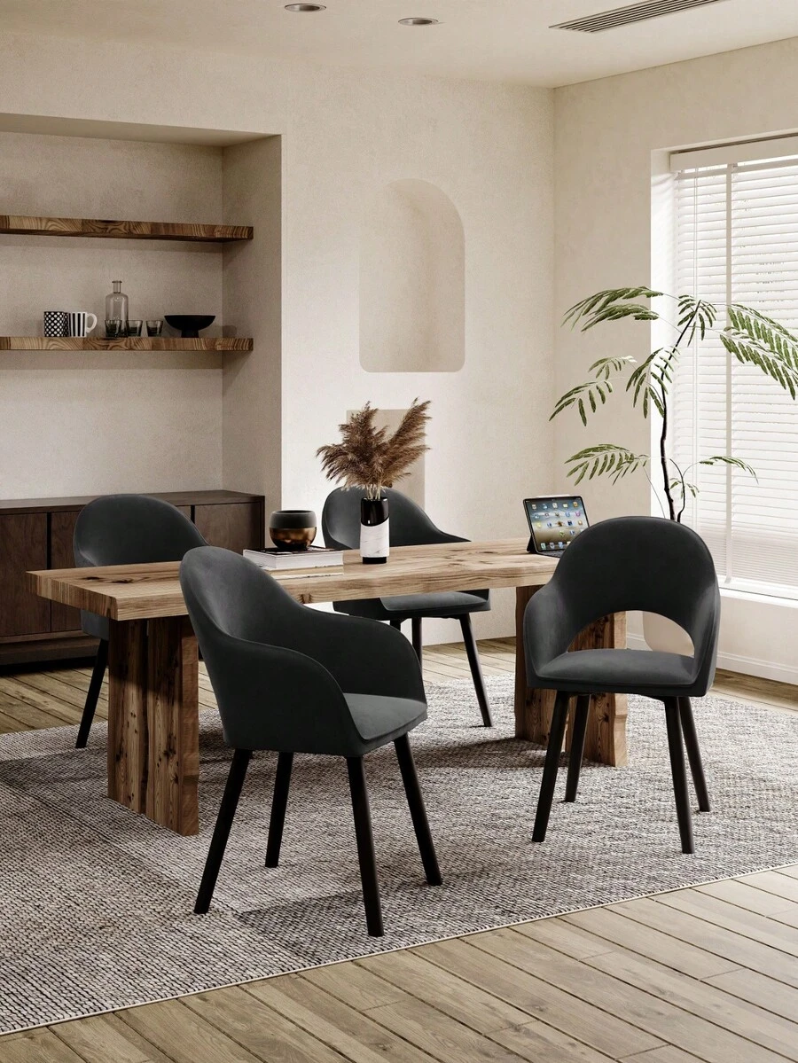 Goeurvant Modern Crescent-Back Upholstered Dining Chairs With Armrests And Solid Wood Legs For Dining Room, Living Room, Study - Set Of 2 / Set Of 4 / Set Of 6 - Black/Velvet - 黑色 - 查看 1