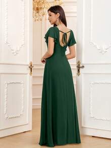 Volly Toych Elegant Square Neck Chiffon Bridesmaid Dress With Ruffle Short Sleeves And Tie-Back Long Design - Dark Green - View 2