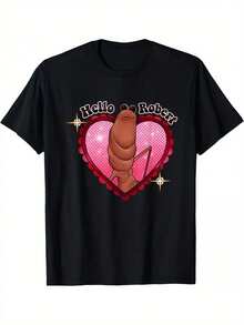 Funny Marcus The Worm Hello Robert Viral Challenge T-Shirt - Brown Worm & Pink Heart Graphic With Cursive Lettering, Black Casual Round Neck Tee Men, Machine Washable Novelty Meme Apparel, Couple Matching, Outdoor Activities, Hiking Apparel - 黑色 - 查看 1
