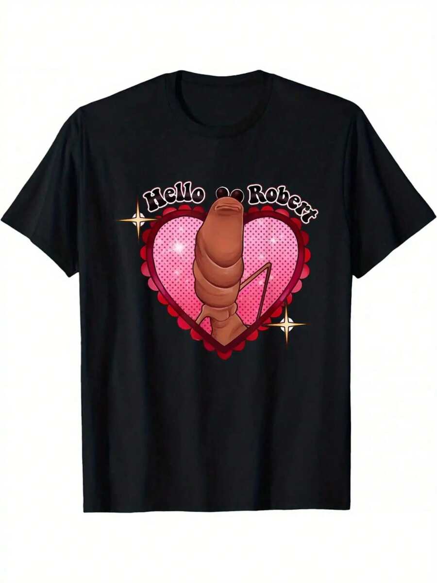 Funny Marcus The Worm Hello Robert Viral Challenge T-Shirt - Brown Worm & Pink Heart Graphic With Cursive Lettering, Black Casual Round Neck Tee Men, Machine Washable Novelty Meme Apparel, Couple Matching, Outdoor Activities, Hiking Apparel - 黑色 - 查看 1