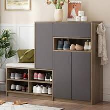 Shoe Bench And Shoe Rack, Shoe Bench, Multifunctional Shoe Rack With Padded Seat, Versatile Shoe Storage Solution With Adjustable Shelves For The Hallway, Gray, W 140/D 35/H 110 Cm - 灰色 - 查看 9