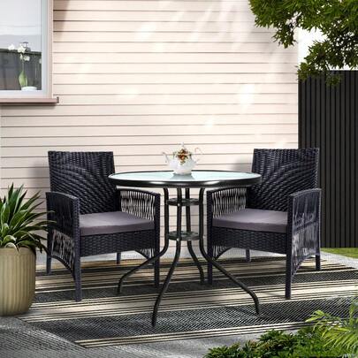 Gardeon 3PC Bistro Set Outdoor Furniture Rattan Table Chairs Cushion Patio Garden Lyra