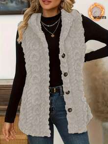 Women's Solid Color Hooded Knit Vest, Sleeveless Button Front Cardigan, Regular Length, With Fuzzy Details - Apricot - View 3