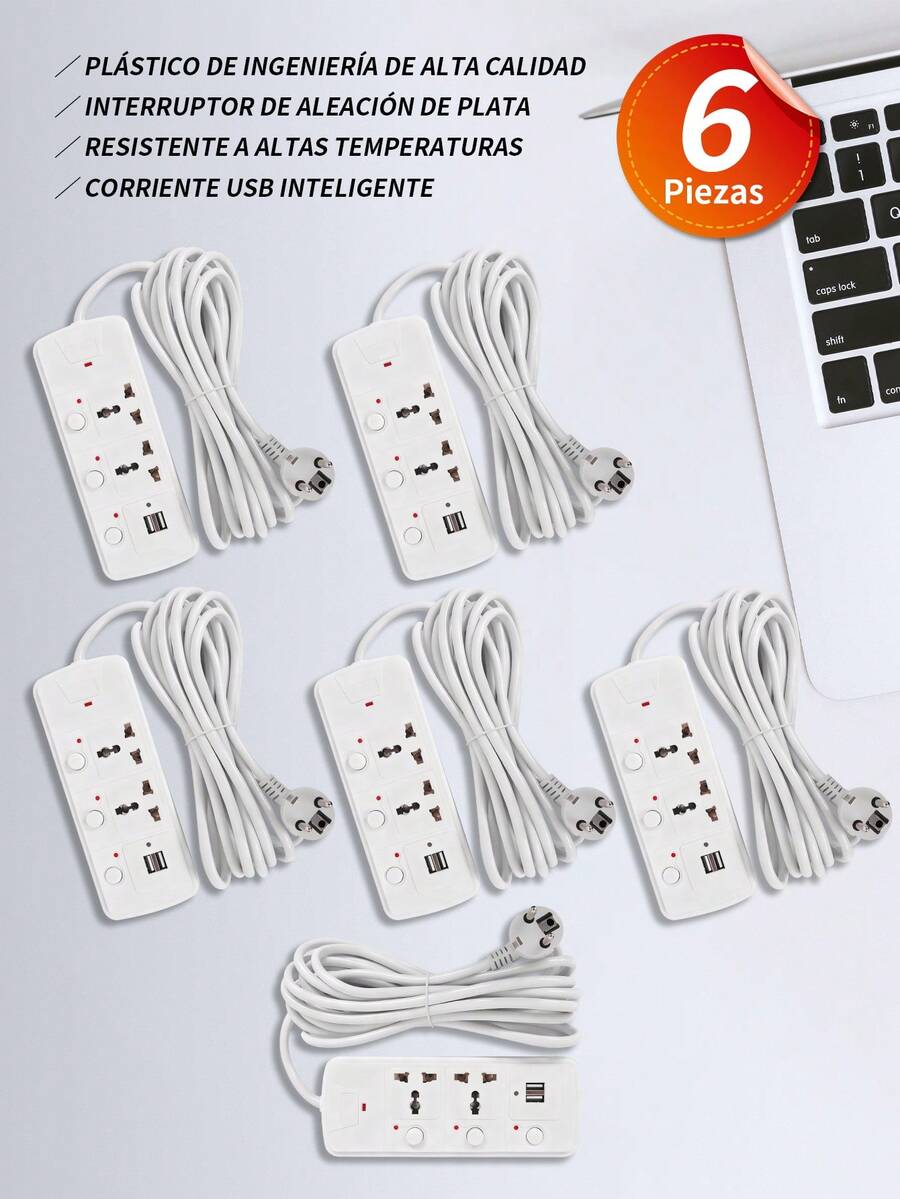 6 Piezas Regleta Cargador Multicontactos Premium Con 2 Salidas 2 Puertos Usb,Extensiones 4 Tomas,Cable de extensión, Protector contra sobretensiones con 4 salidas, 2 puertos USB,Extensión Eléctrica Multicontacto,adaptador de regleta para el hogar y la Oficina. - 6 piezas - Ver 1