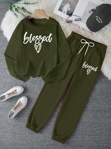 Plus Size Hoodie Two Pieces Fashion Warm Plus Fleece Round Neck Sweatshirt + Sports Sweatpants Simple Letter Print Suitable For Autumn And Winter Running Exercise Leisure Home Comfort Set - Olive Green - View 2