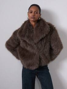 Women's Fashion Casual Faux Fur Collar Long Sleeve Coat - Coffee Brown - View 2