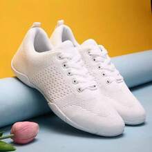 A Pair Of Women's Lightweight Gymnastics Training Shoes, White Low-Top, Elastic Band Style, Comfortable And Breathable, Athletic Shoes Suitable For Cheerleading, Fitness, Competitions, Aerobic Exercises, Yoga And Dance, Fashionable Flat White Sneakers, Shoes, Women's Shoes.