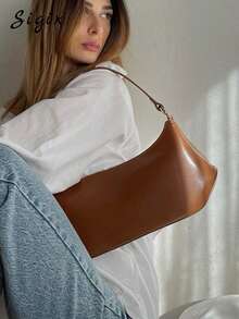 Casual Daily Baguette Bag, Minimalist Design Shoulder/Underarm Handbag For Women, Niche High-End Feel - Brown - View 3