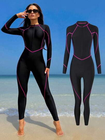 Solid Base Color Contrasting Slim Edge Long-Sleeved Zipper Sports Style One-Piece Swimsuit Summer