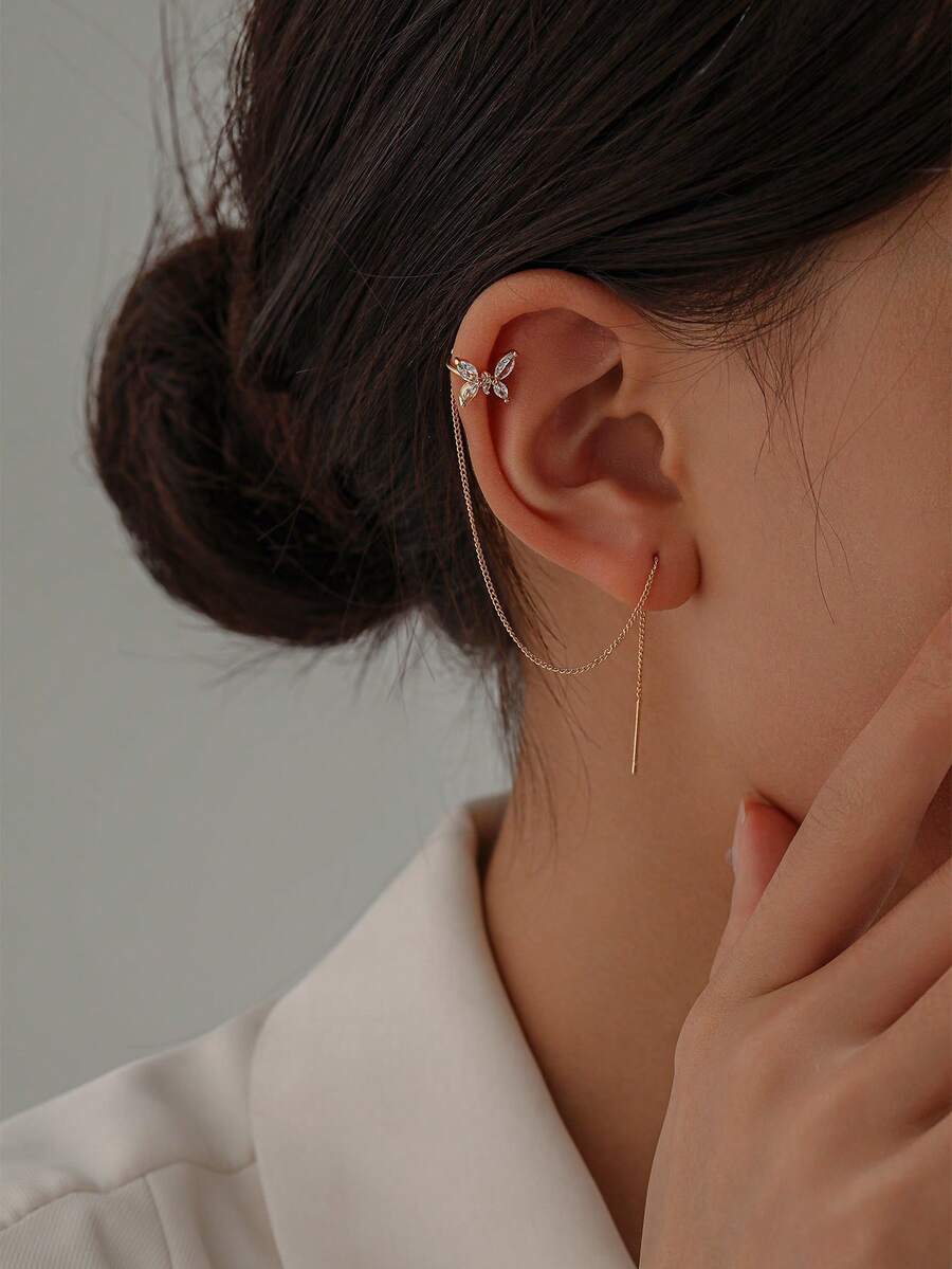 2件装时尚优雅蝴蝶流苏夹式耳环（不含礼盒） - 金黃色 - 查看 1