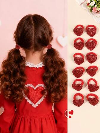 12个心形发圈，适合女孩和青少年，红色闪光编织弹力带，可爱迷你心形弹力发带，甜美可爱爱心发绳，情人节头饰，女孩和青少年发饰