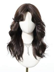 20 Inch Long Wavy Curly Dark Brown Black Wig With Bangs, Heat Resistant Synthetic Fiber Wigs Hair Natural-Looking Hairpiece For Women Daily Wear, Party & Casual Style - 棕色 - 查看 4