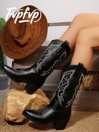 FVPFVP 2024 Autumn New Genuine Leather Pointed Toe Cowgirl Boots, Retro Western Style Knee-High Boots For Women